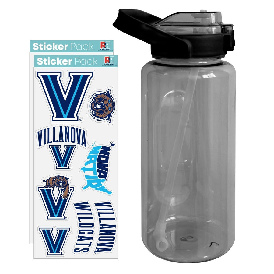 64 oz Large Water Bottle with Villanova Wildcats Waterproof Stickers Screw-on Top and Straw Officially Licensed Product Image 1