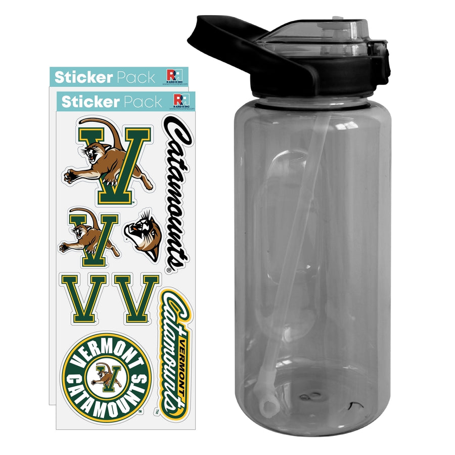 64 oz Large Water Bottle with Vermont Catamounts Waterproof Stickers Screw-on Top and Straw Officially Licensed Product Image 1