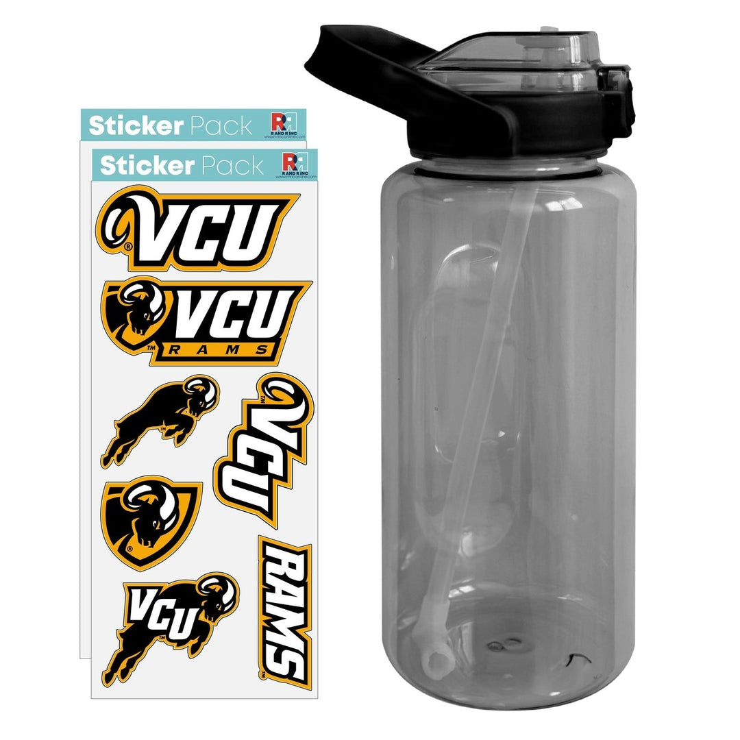 64 oz Large Water Bottle with Virginia Commonwealth Waterproof Stickers Screw-on Top and Straw Officially Licensed Image 1