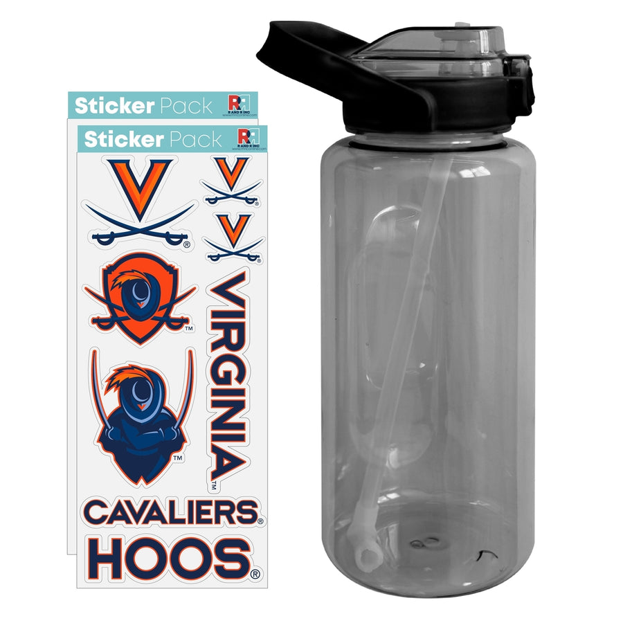 64 oz Large Water Bottle with Virginia Cavaliers Waterproof Stickers Screw-on Top and Straw Officially Licensed Product Image 1