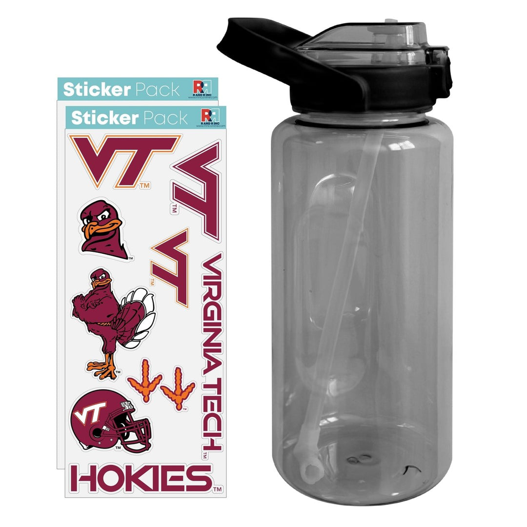 64 oz Large Water Bottle with Virginia Tech Hokies Waterproof Stickers Screw-on Top and Straw Officially Licensed Image 1