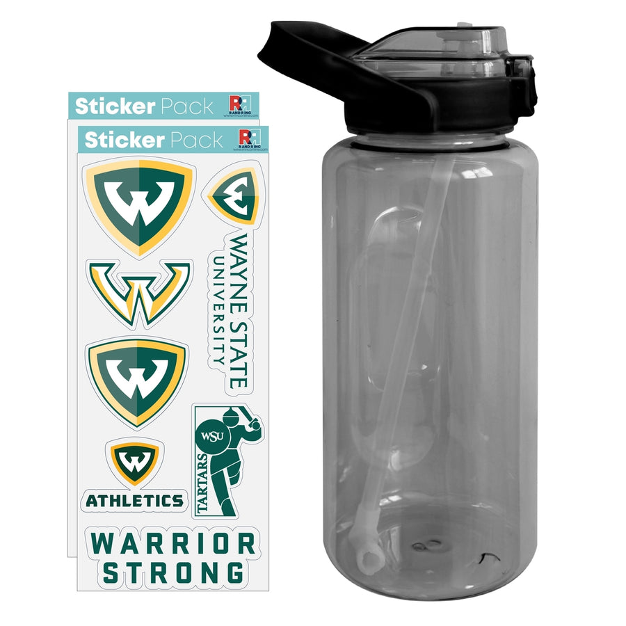 64 oz Large Water Bottle with Wayne State Waterproof Stickers Screw-on Top and Straw Officially Licensed Product Image 1