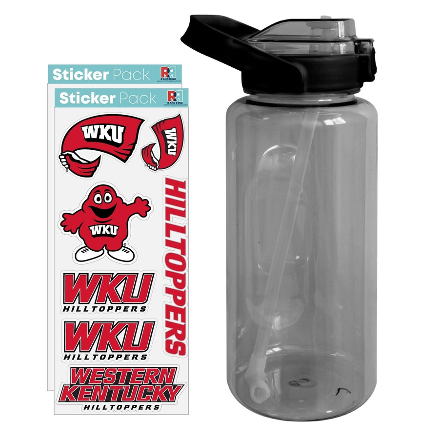 64 oz Large Water Bottle with Western Kentucky Hilltoppers Waterproof Stickers Screw-on Top and Straw Officially Image 1