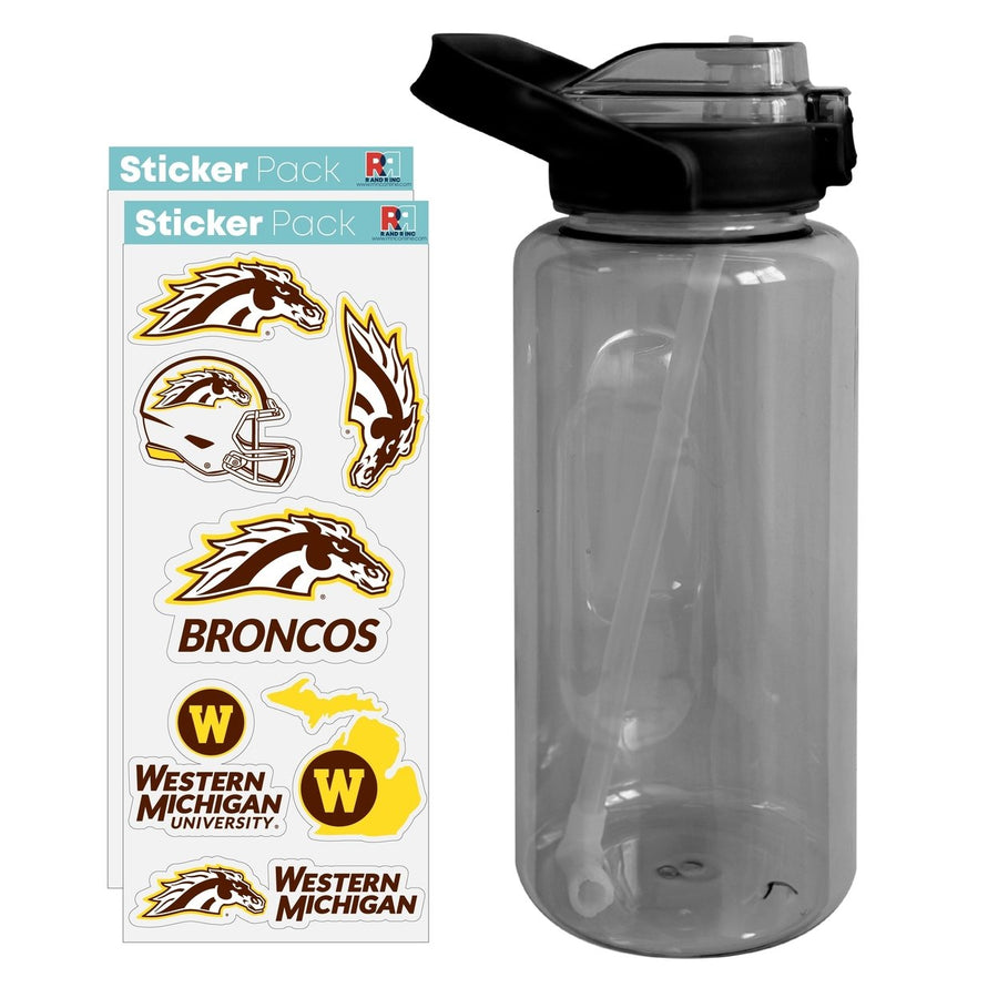 64 oz Large Water Bottle with Western Michigan University Waterproof Stickers Screw-on Top and Straw Officially Licensed Image 1