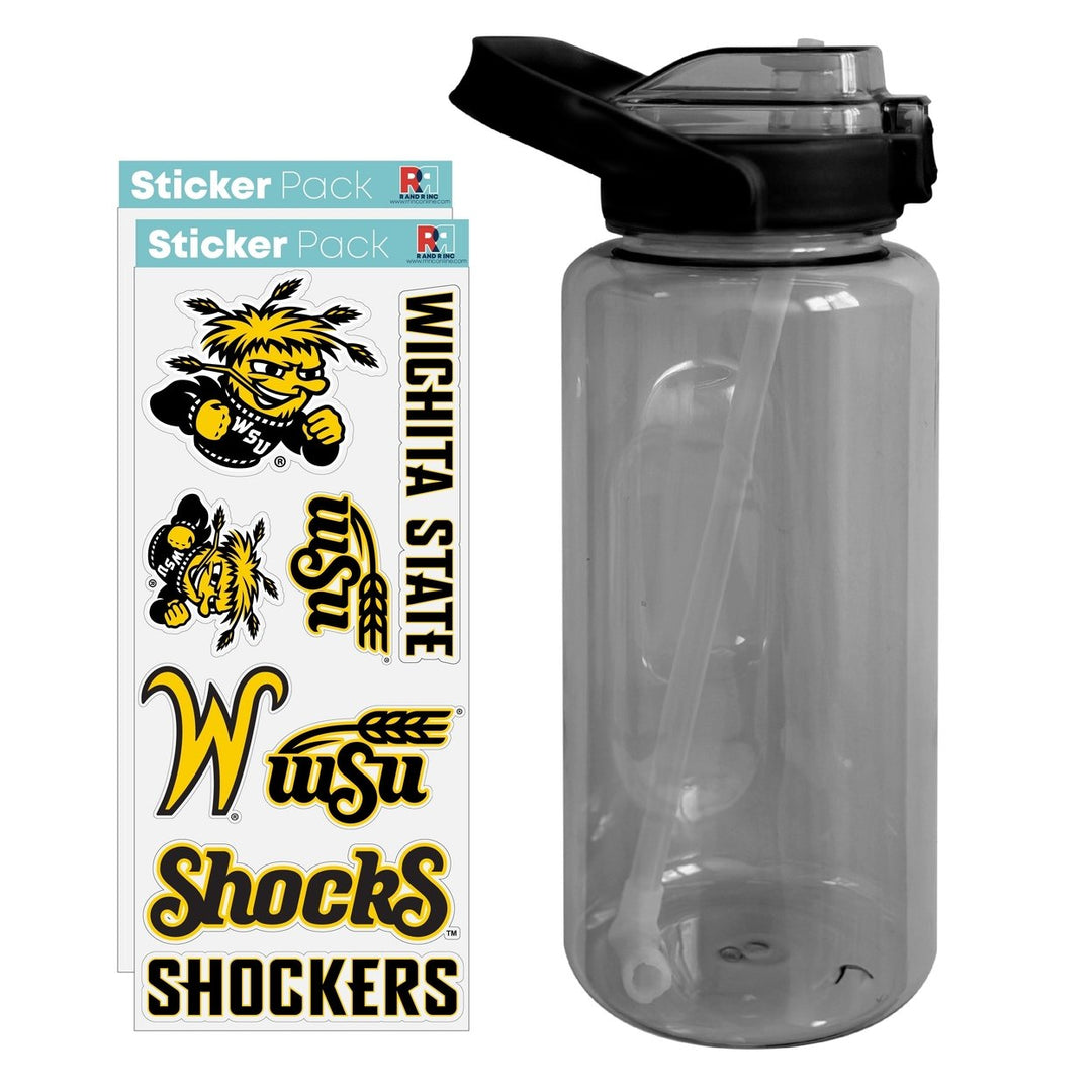 64 oz Large Water Bottle with Wichita State Shockers Waterproof Stickers Screw-on Top and Straw Officially Licensed Image 1