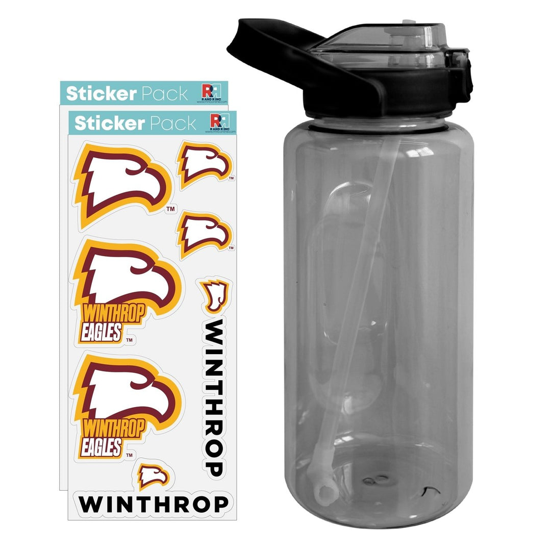 64 oz Large Water Bottle with Winthrop University Waterproof Stickers Screw-on Top and Straw Officially Licensed Product Image 1