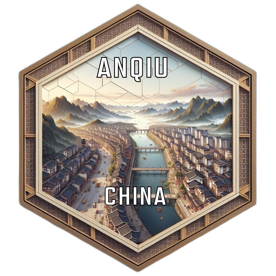 Anqiu China Souvenir Travel Destination Die Cut Hexagon Fridge Magnet Image 1