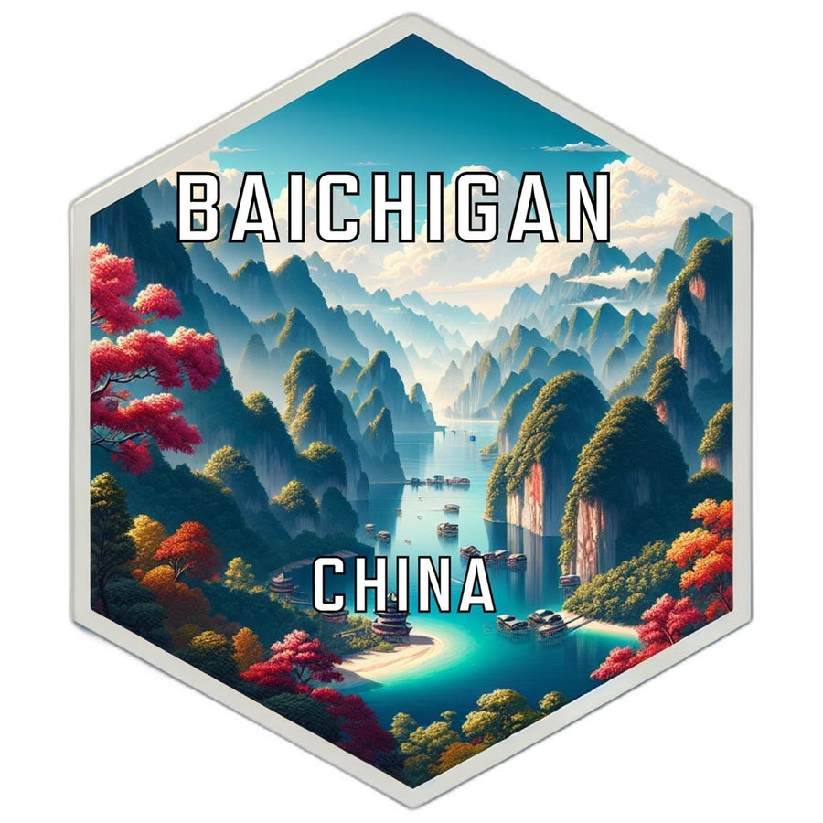 Baichigan China Souvenir Travel Destination Die Cut Hexagon Fridge Magnet Image 1