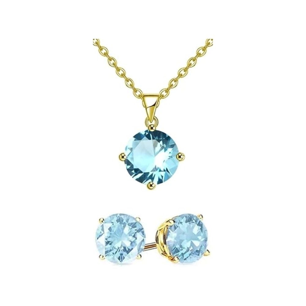 18K Yellow Gold Aquamarine 2ct Necklace Earrings Set 18 Inch Fashion Jewelry Image 1