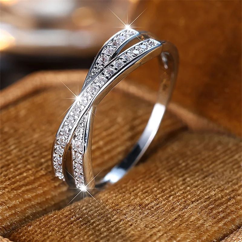 Women s Minimalist Crossed Wedding Bands  Stacking Rings with White Zircon Available in Black Gold Silver Image 4