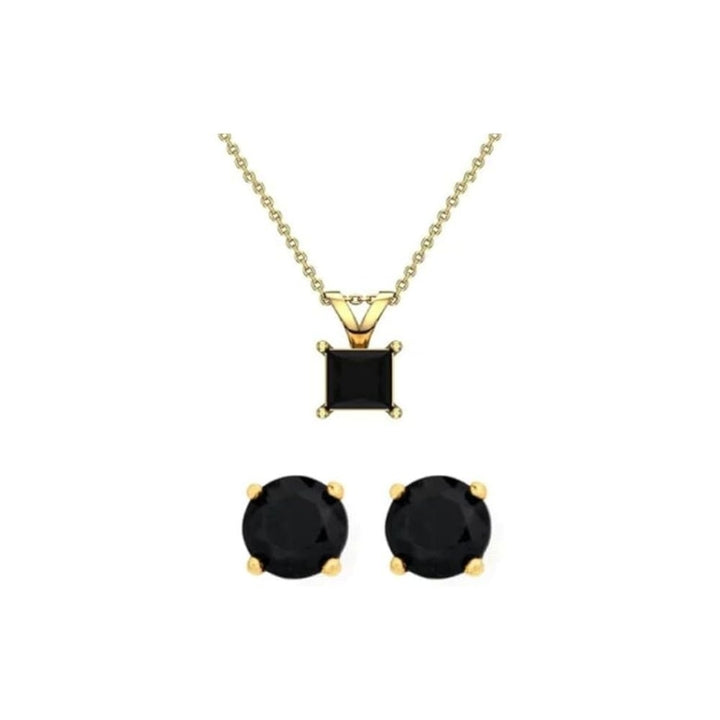 18K Yellow Gold Black Simulated Sapphire 4ct Square Necklace Round Earrings Set Image 1