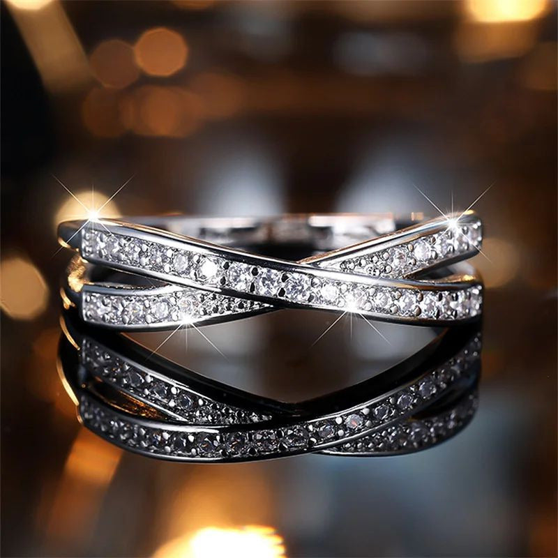 Women s Minimalist Crossed Wedding Bands  Stacking Rings with White Zircon Available in Black Gold Silver Image 9