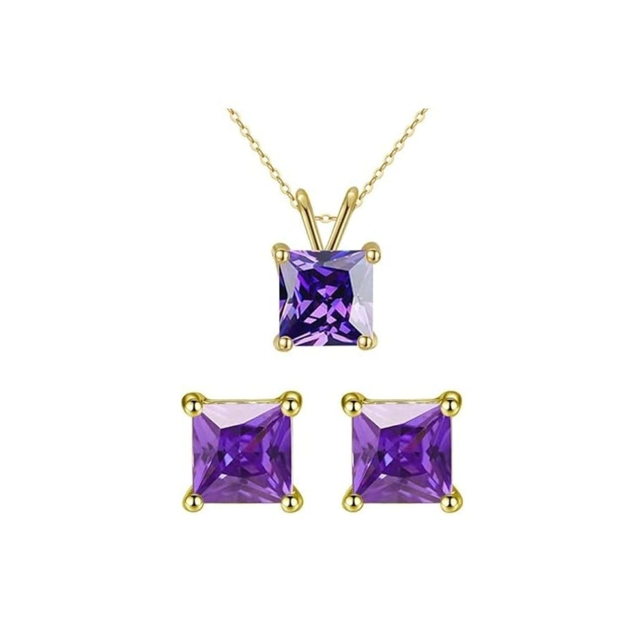 18K Yellow Gold Amethyst Square 1ct Necklace Earrings Set 18 Inch Gift Boxed Image 1