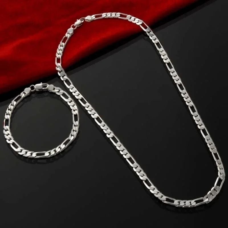 925 Sterling Silver Adjustable 4MM Chain Bracelet Necklace Set for Men Women Image 1