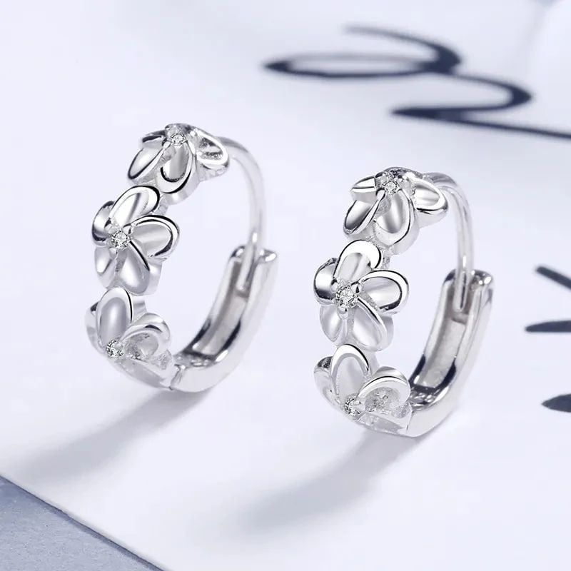 925 Sterling Silver Needle Earrings Crystal Zircon Flower Studs Wedding Jewelry Image 3