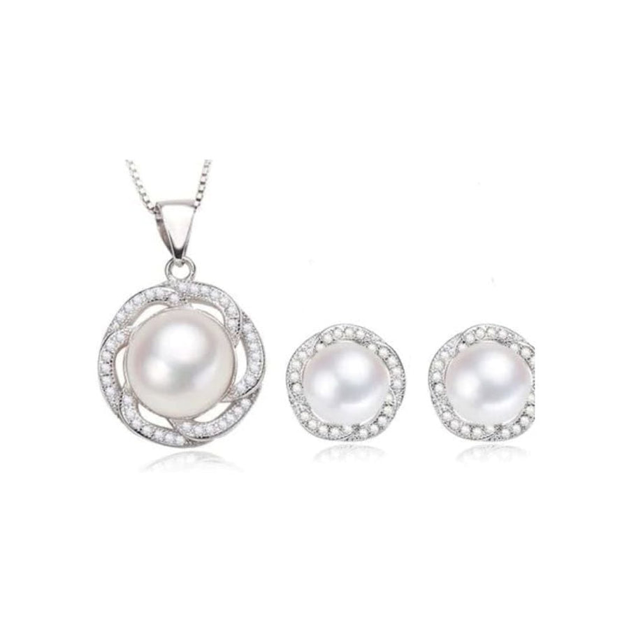 18K White Gold Pearl Halo Necklace and Earrings Set 18 Inch Plated Jewelry Image 1