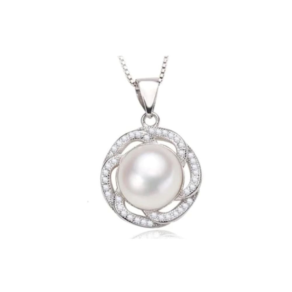 18K White Gold Pearl Halo Necklace and Earrings Set 18 Inch Plated Jewelry Image 2