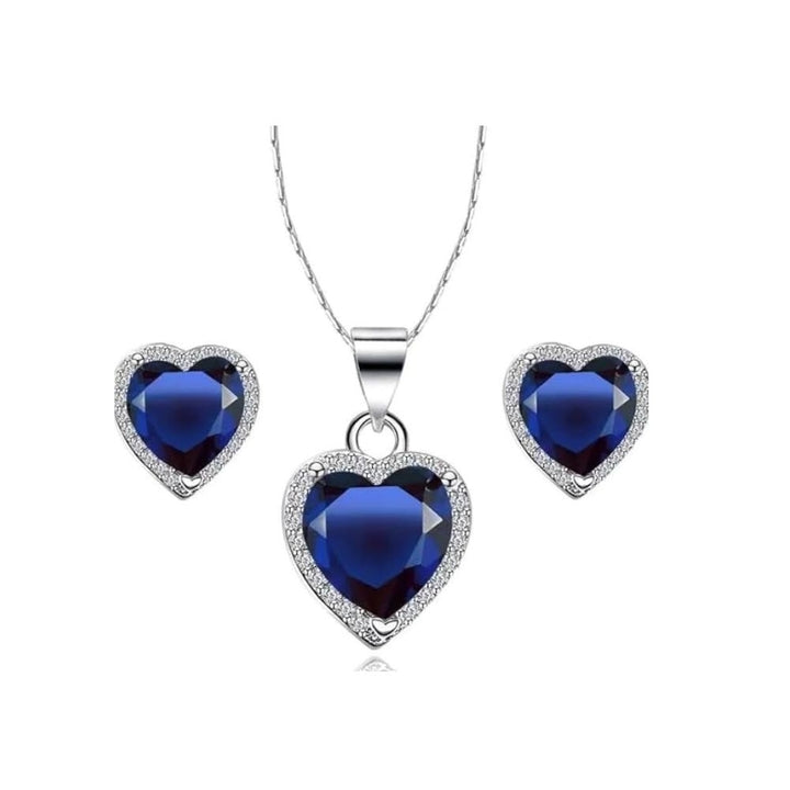 18k White Gold Plated Heart Necklace 2 Carat Created Blue Sapphire 18 Inch Set Image 1