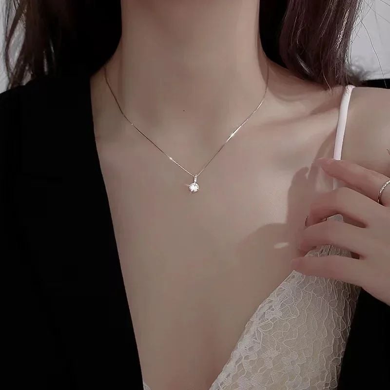 925 Sterling Silver Zircon Choker Necklace Minimalist Pendant Women Jewelry Gift Image 3