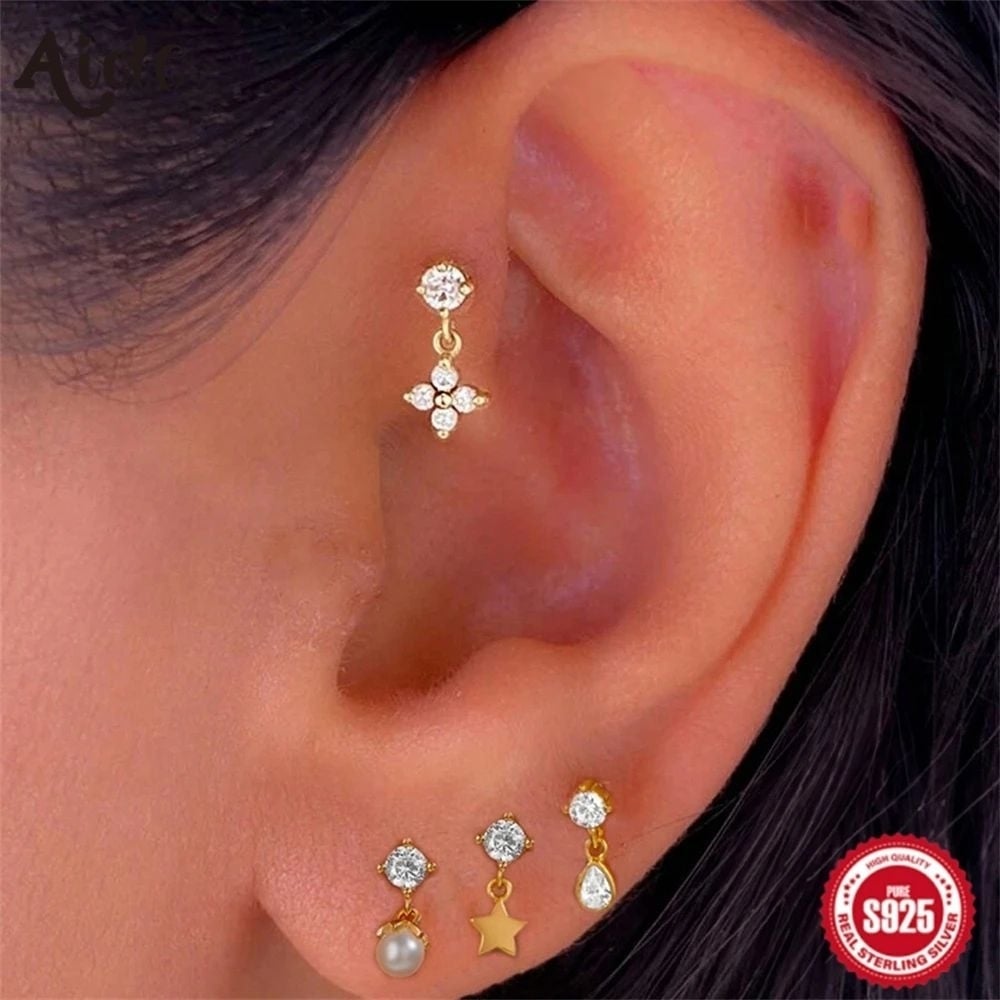 925 Sterling Silver Flower Drop Earrings with Zircon Inlay 18K Gold Jewelry Image 1