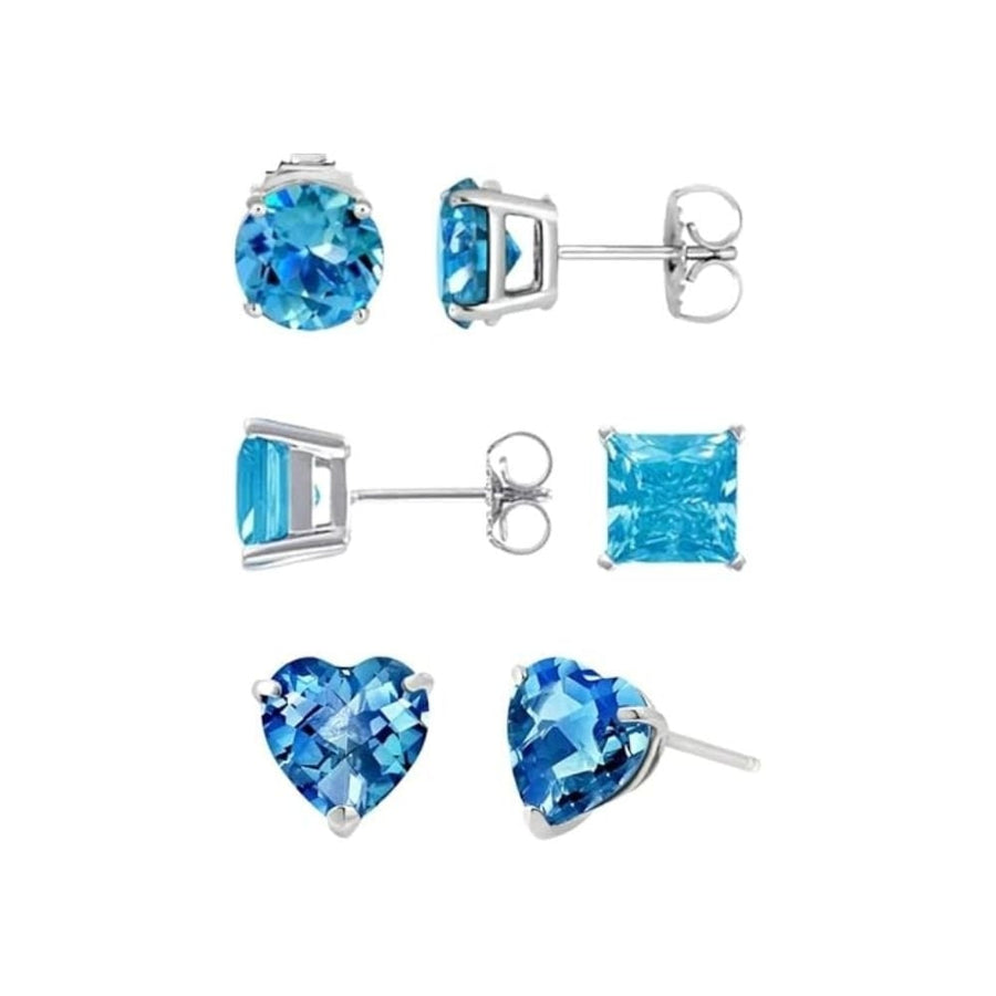 Paris Jewelry 18k White Gold Created Blue Topaz Stud Earrings 4mm Round Square Heart Image 1