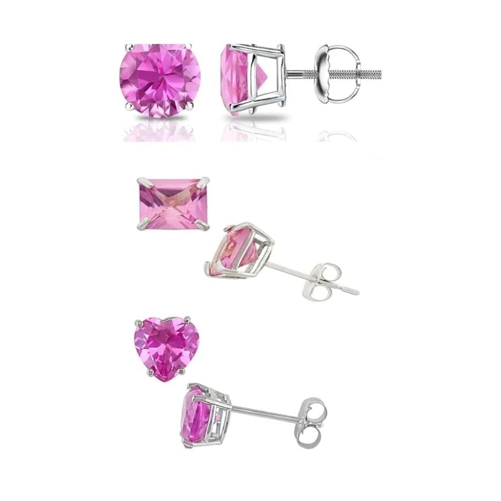 Paris Jewelry 18k White Gold Created Pink Sapphire Stud Earrings 4mm Set Image 1