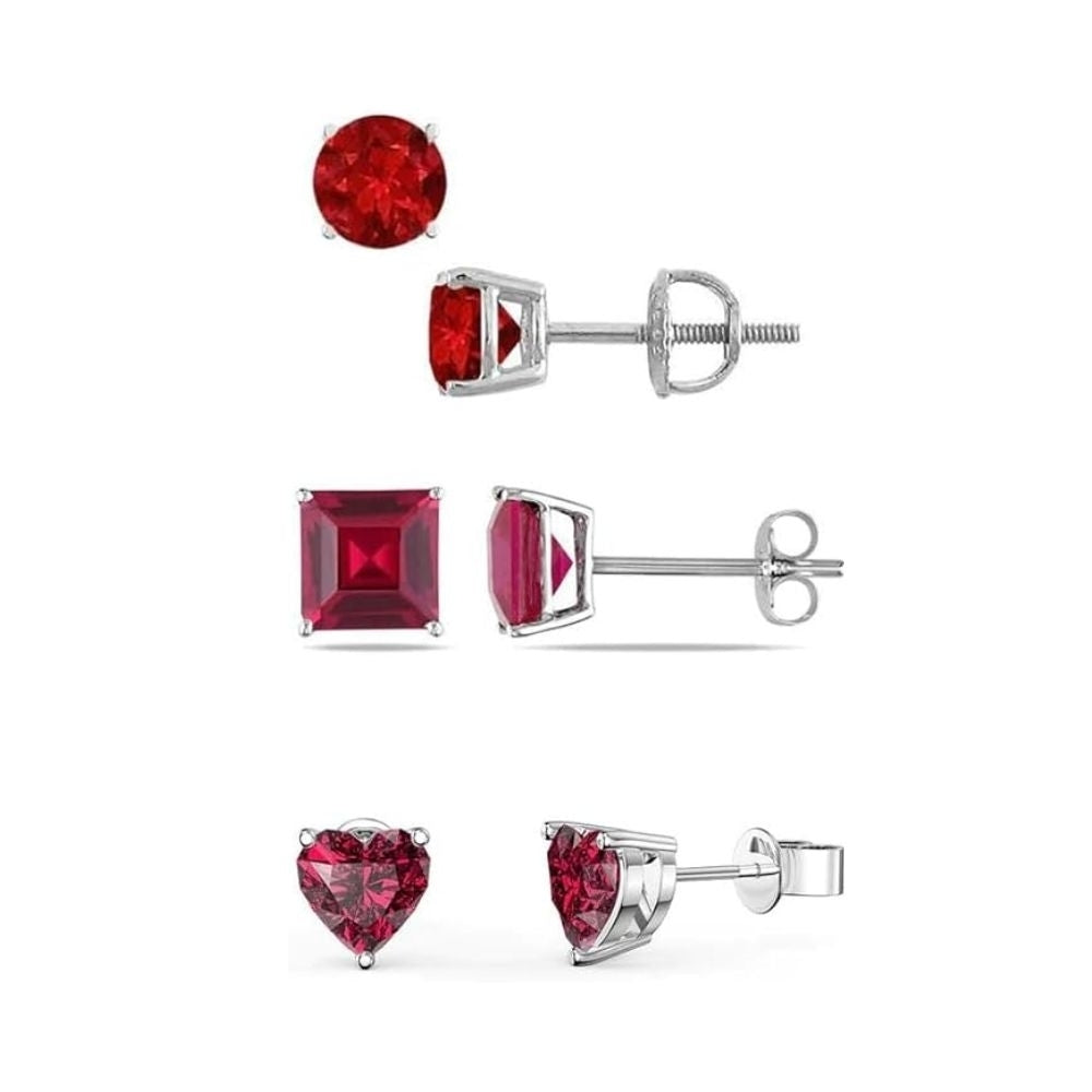 Paris Jewelry 18k White Gold Created Ruby Stud Earrings Round Square Heart 4mm Image 1