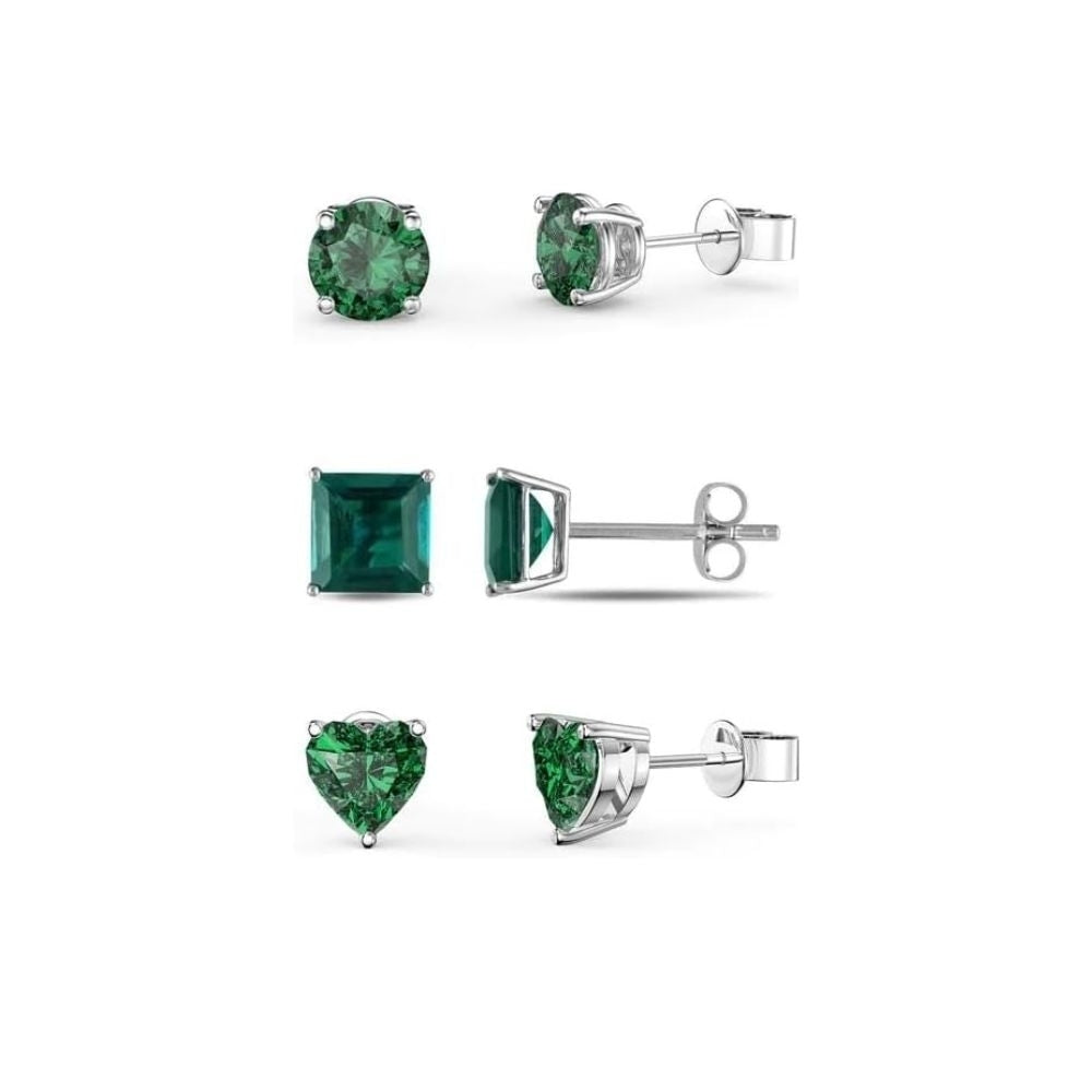 Paris Jewelry 18k White Gold Created Emerald Stud Earrings Round Square Heart 4mm Image 1