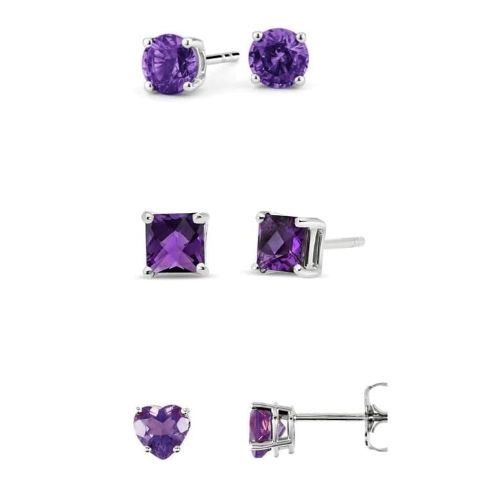 Paris Jewelry 18k White Gold Created Amethyst Stud Earrings Round Square Heart 4mm Image 1