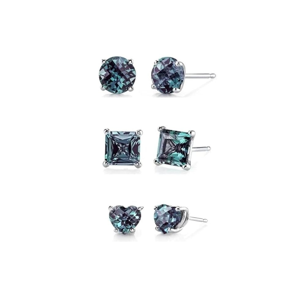 Paris Jewelry 18k White Gold Created Alexandrite 3 Pair Stud Earrings 4mm Image 1