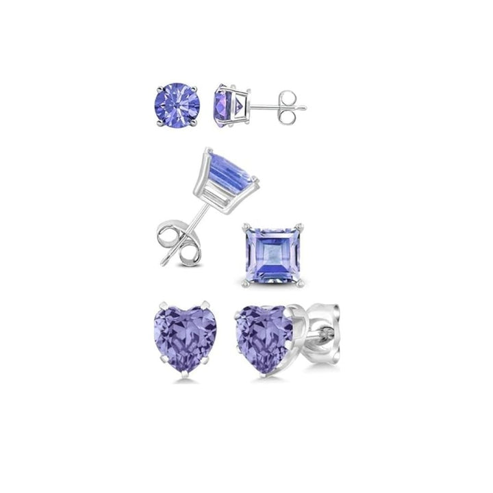 Paris Jewelry 18k White Gold Created Tanzanite Stud Earrings Round Square Heart Image 1