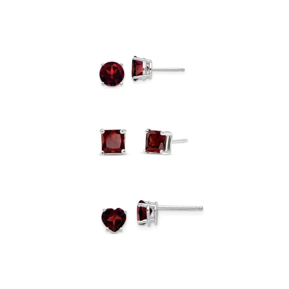 18k White Gold Created Garnet Stud Earrings Round Square Heart 4mm 3 Pair Image 1