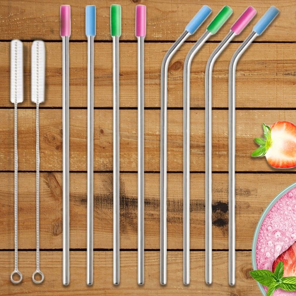 10-Pack: Stainless Steel Extra Wide Drinking Straws with Colored Silicone Tops Image 1