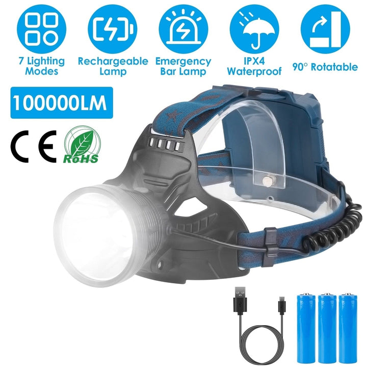 100000LM LED 7 Lighting Modes Rechargeable Headlights Image 6