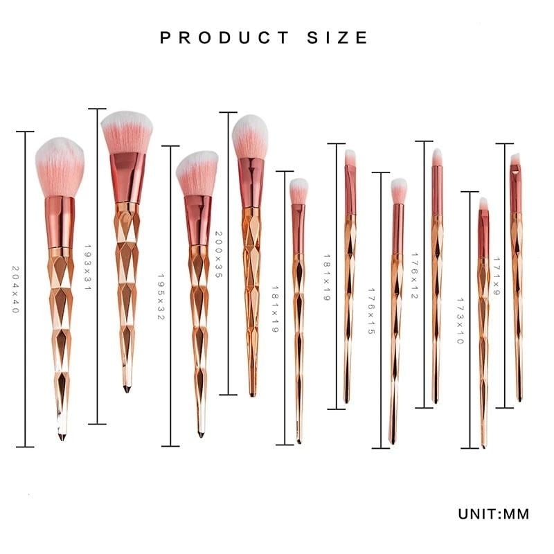 10-Piece: Unicorn Makeup Brush Rose Gold Diamond Handle Set Image 3