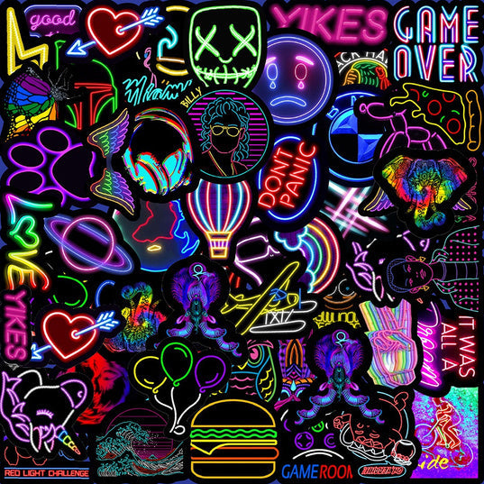 100-Piece: Cartoon Neon Light Graffiti Stickers Image 1