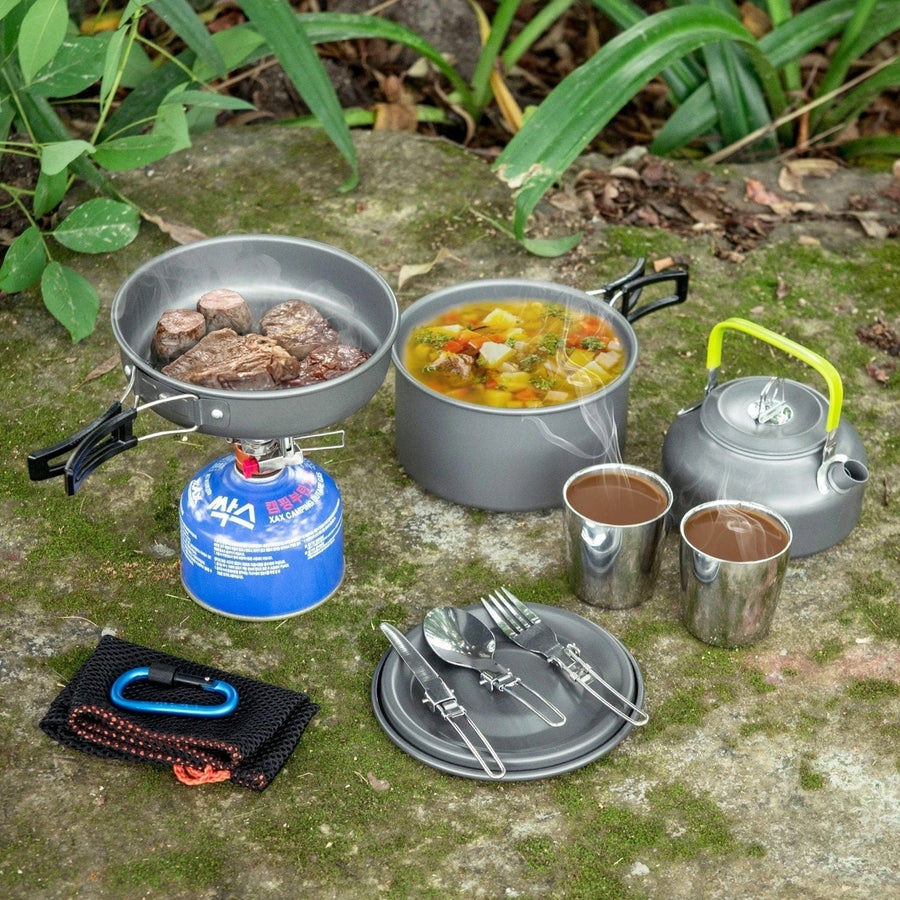 12-Piece: ODOLAND Camping Cookware Mess Kit with Mini Stove Image 1