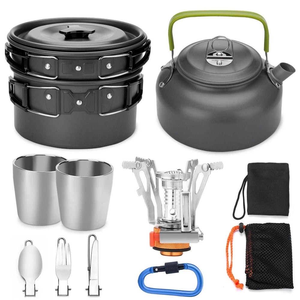 12-Piece: ODOLAND Camping Cookware Mess Kit with Mini Stove Image 2