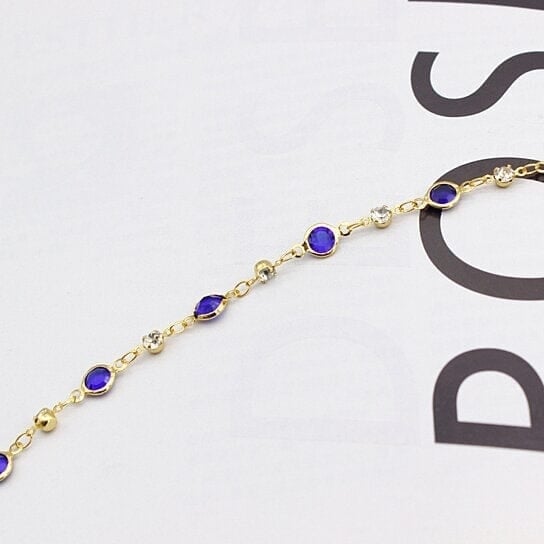 18k Gold Filled High Polish Finish Blue Crystal Ankle Bracelet Image 2