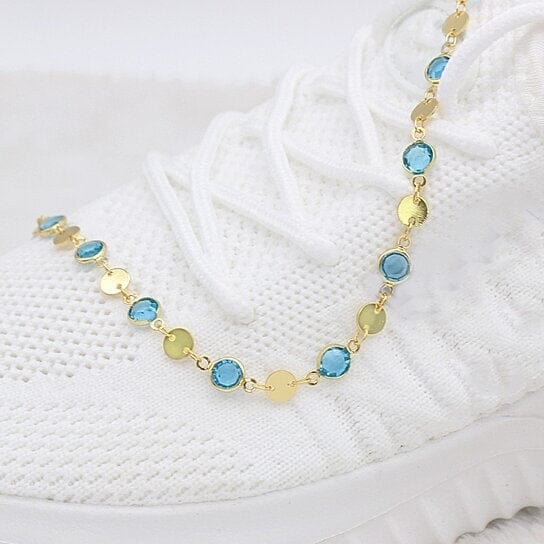 18k Gold Filled High Polish Finish Aquamarine Crystal Ankle Bracelet Image 2