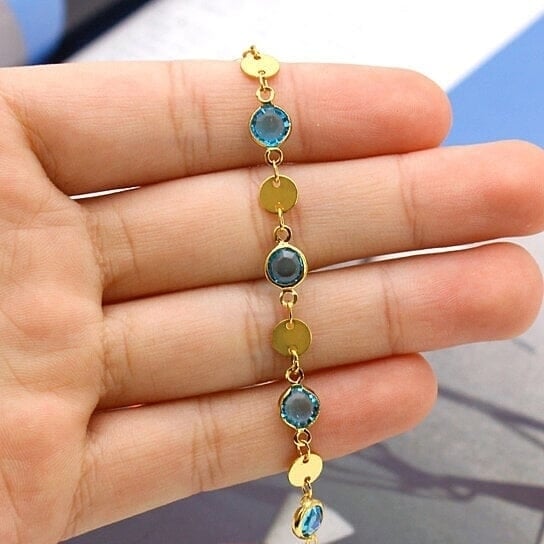 18k Gold Filled High Polish Finish Aquamarine Crystal Ankle Bracelet Image 3