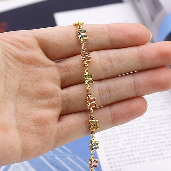 18k Gold Filled High Polish Finish Multi Color Crystal Butterfly Ankle Bracelet Image 3