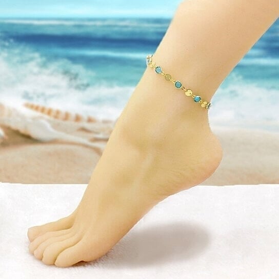 18k Gold Filled High Polish Finish Aquamarine Crystal Ankle Bracelet Image 4