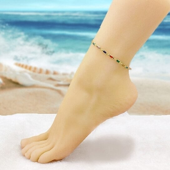 18k Gold Filled High Polish Finish Gold And Multi Color Dark Crystal Baguette Anklet Image 2