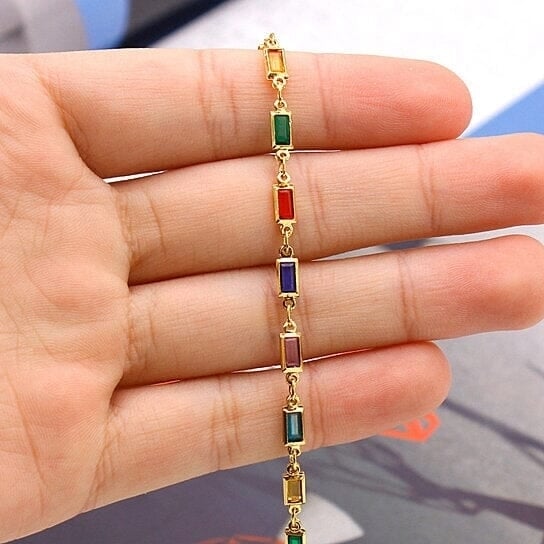 18k Gold Filled High Polish Finish Gold And Multi Color Dark Crystal Baguette Anklet Image 4