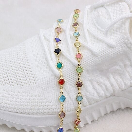 18k Gold Filled High Polish Finish Multi Color Flower Crystal Ankle Bracelet Image 3