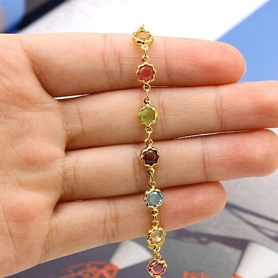 18k Gold Filled High Polish Finish Multi Color Flower Crystal Ankle Bracelet Image 4