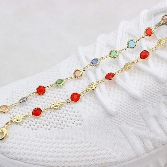 18k Gold Filled High Polish Finish Red Crystal Flower Ankle Bracelet Image 2