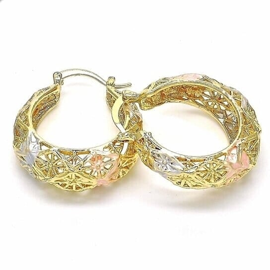 18k Gold Filled High Polish Finsh Diamond Cut Fancy Filigree Hoop Earrings Textured Tri-gold Hoop Earrings 40mm Image 1