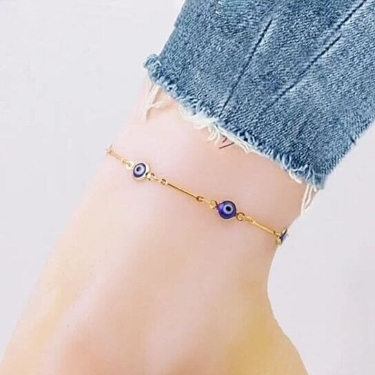 18k Gold Plated Bar Style Blue Evil Eye Crystal Anklet Image 1